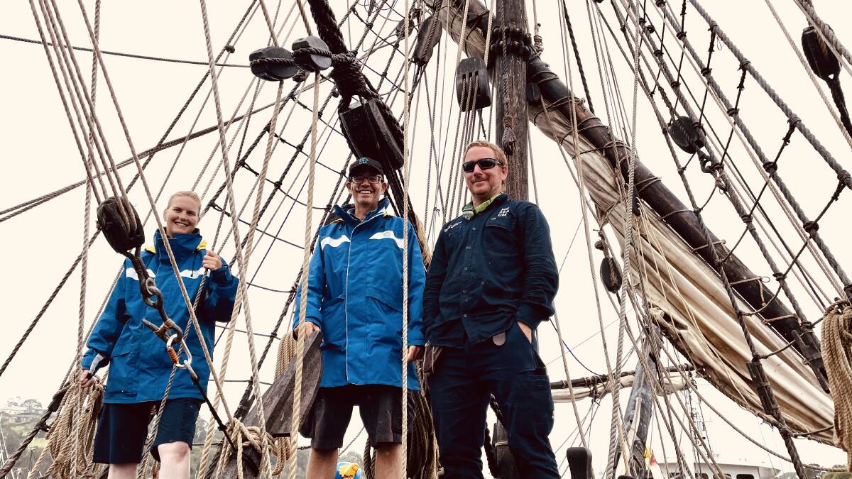 Meet the crew aboard the Duyfken replica - Mirgan Ailgenan, Dudley Heywood and Andrew Bibby who welcomed people for a tour of the top deck. Picture by Amandine Ahrens