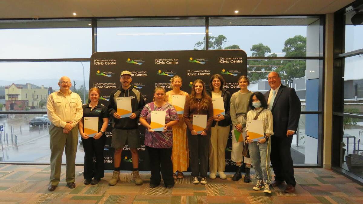 From left to right: Mumbulla Community Foundation Chair Mick Pryke, April Budd, Jonty Sweet, Charlie LeBrun, Mikayla Shaw, Taylor Jones, Emily Hodkinson, Merinda Kennedy, Madelyn Ambrosio and Mayor Fitzpatrick. Picture supplied.