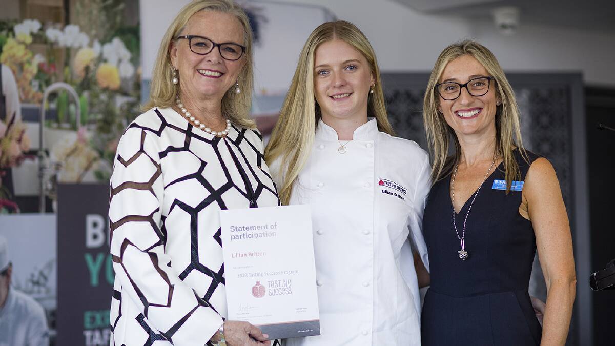 Bega's Lillian Britton is congratulated on completing the Tasting Success program by co-founder and patron Lyndey Milan OAM and TAFE NSW head teacher of commercial cookery Sheridan Marz. Picture supplied
