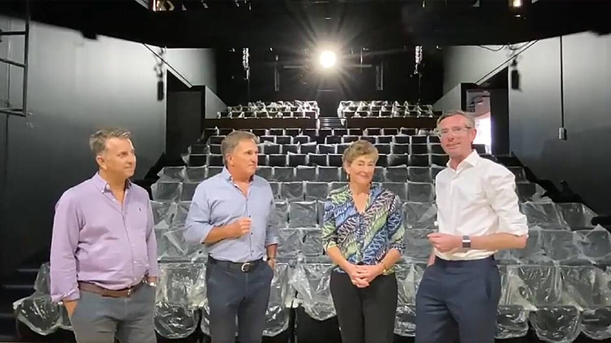 Previous member for Bega Andrew Constance, Frankie J Holden, Bega Liberal candidate Fiona Kotvojs and NSW Premier Dominic Perrottet at the Twyford Theatre.