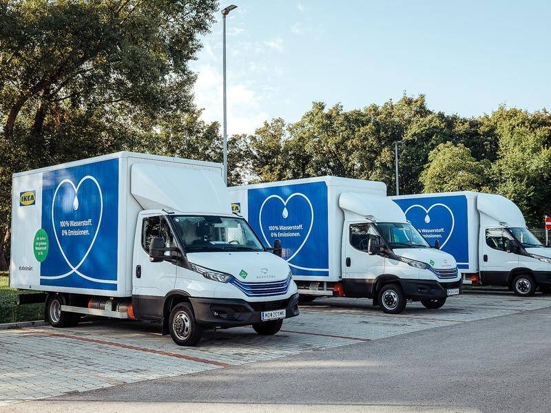 Hydrogen fuel-cell delivery trucks created by Quantron AG and used by Ikea. (HANDOUT/IKEA)